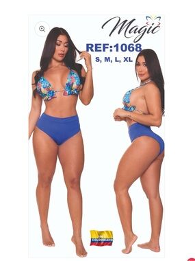 Magic Blue High-Waist Bikini with Tropical Print Top